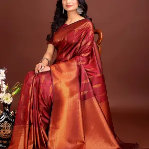 Maroon Banarasi silk Saree With Blouse Piece